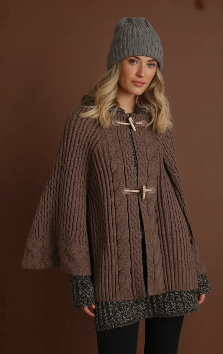 Winter 2025 2026 comfy outfit ideas Textured Cape with Beanie