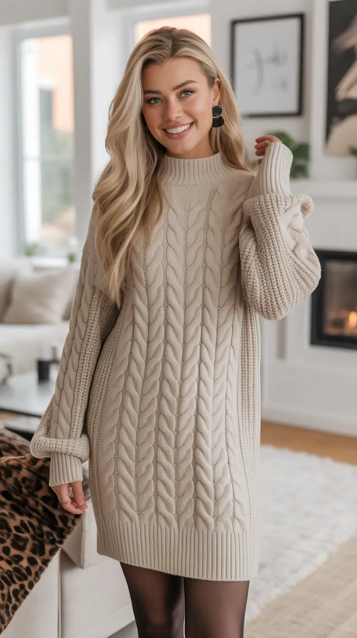 Winter 2025 2026 comfy outfit ideas Beige Knit Dress Warmth