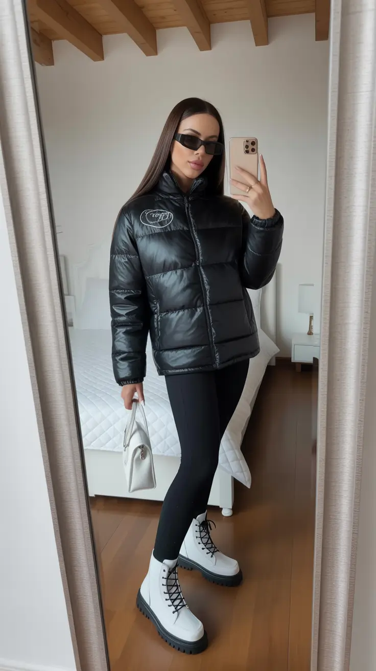 Winter 2025 2026 comfy outfit ideas Bold Black Puffer Energy