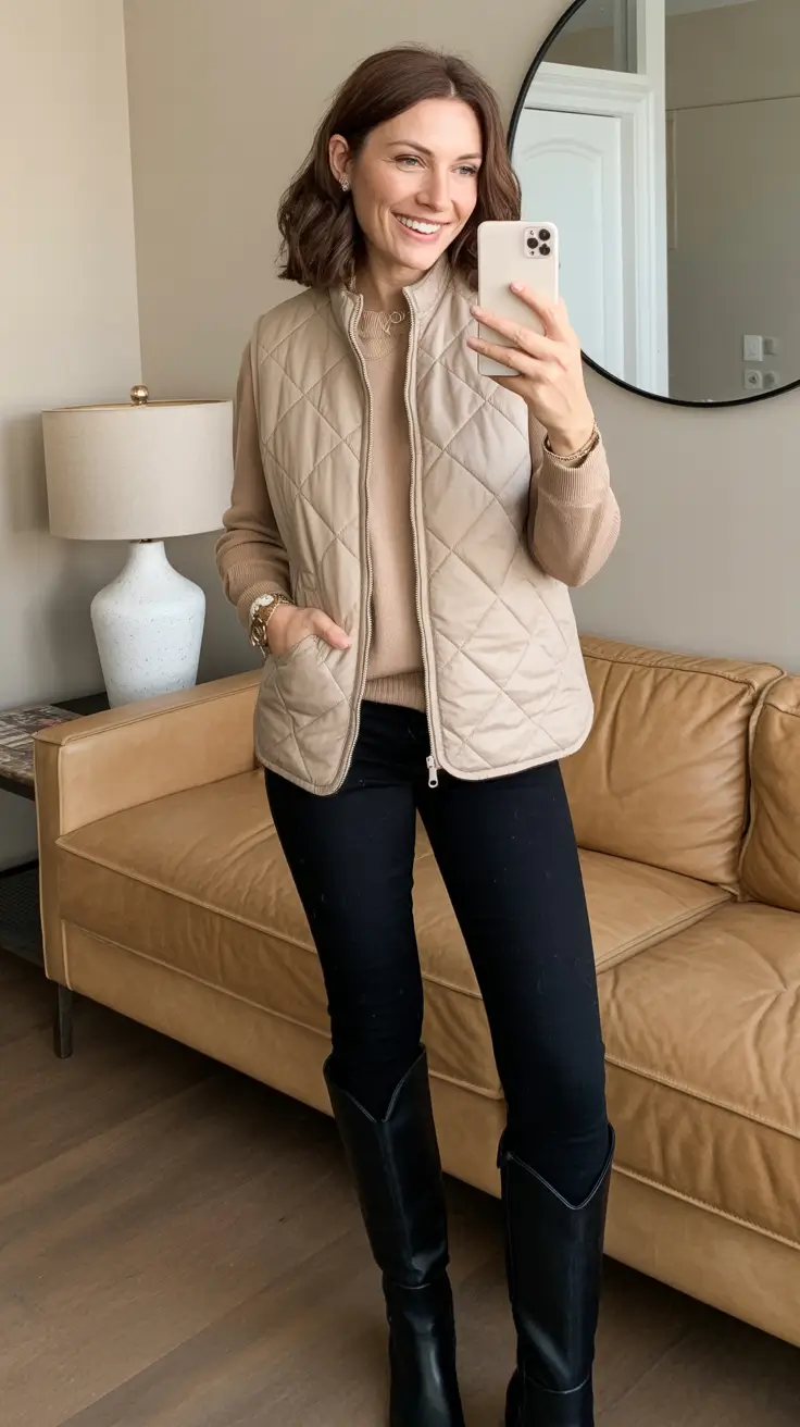 Winter 2025 2026 comfy outfit ideas Beige Quilted Layers