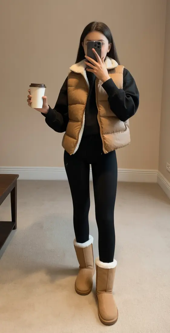 Winter 2025 2026 comfy outfit ideas Shearling Vest Comfort