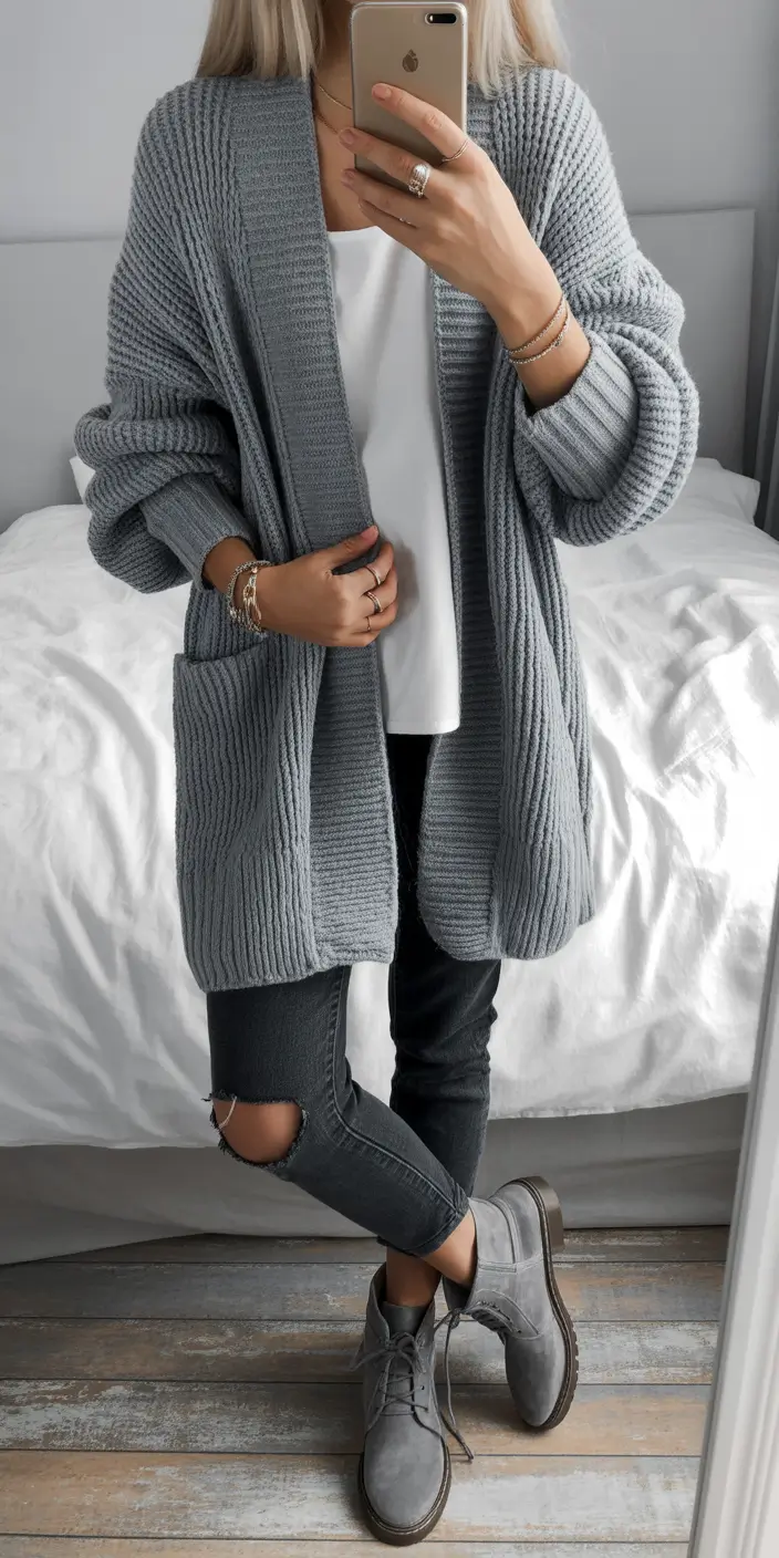 Winter 2025 2026 comfy outfit ideas Grey Cardigan Ease