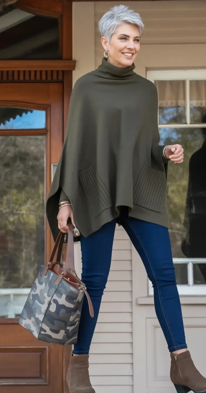 Winter 2025 2026 comfy outfit ideas Poncho with a Modern Twist