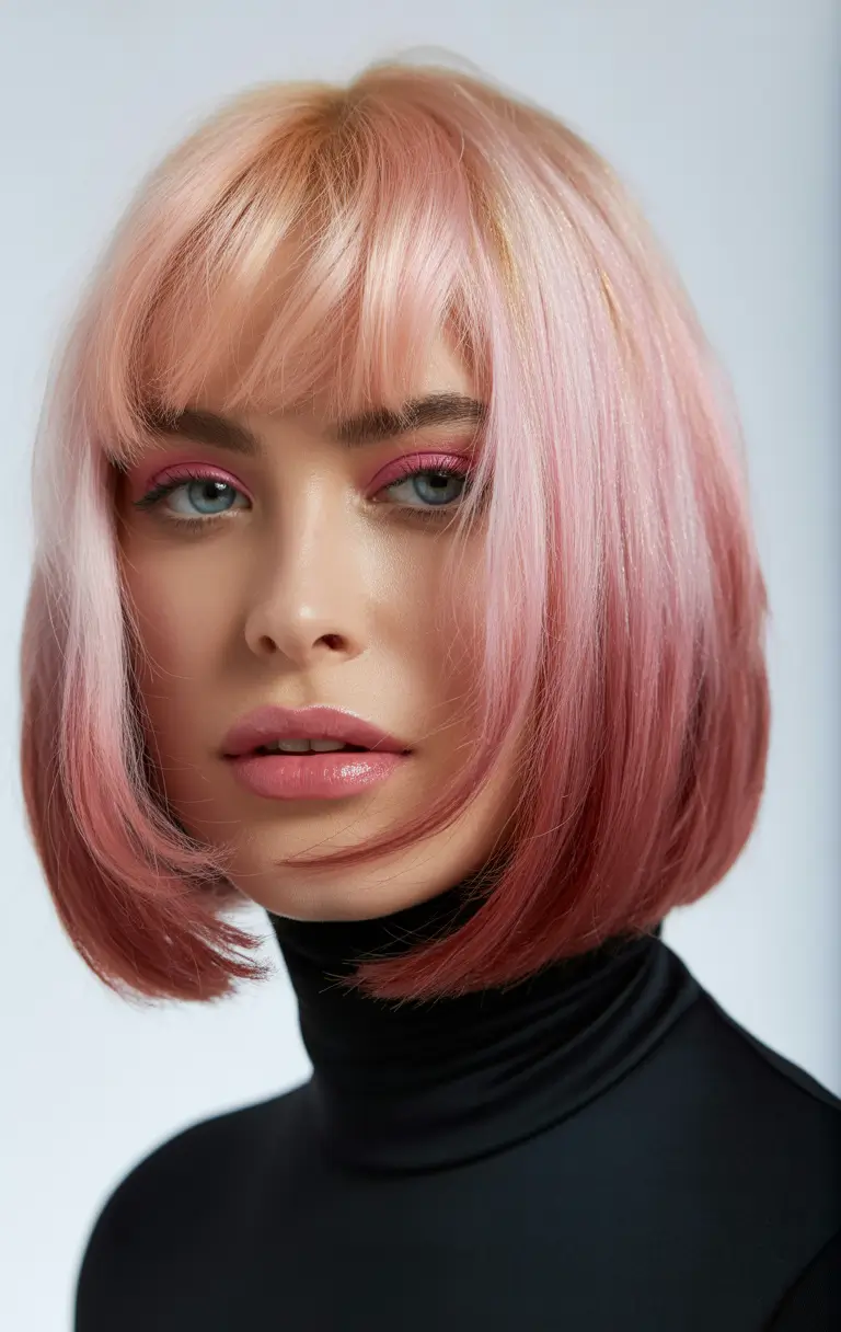 Winter 2025–2026 Haircuts and Color Ideas Pastel Pink Bob with Bangs