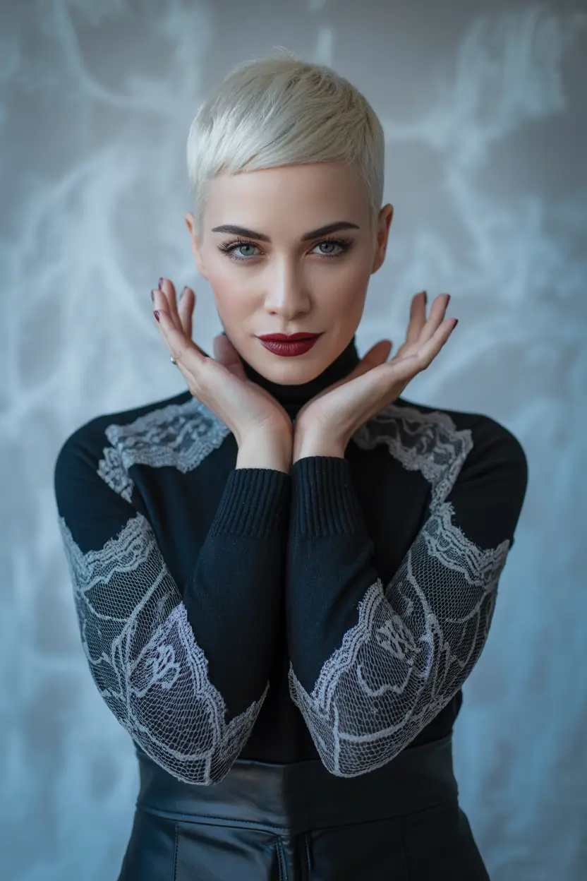 Winter 2025–2026 Haircuts and Color Ideas Platinum Blonde Pixie