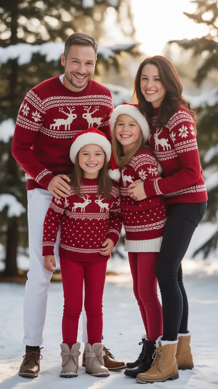 Winter 2025/2026 Family Photo Outfits Ideas Matching Red Winter Knits