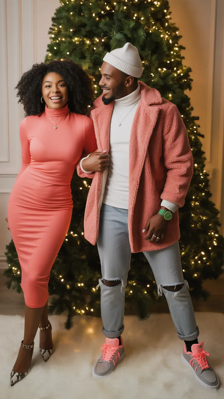 Winter 2025 2026 Family Photo Outfits Ideas Festive Coral and Textured Layers