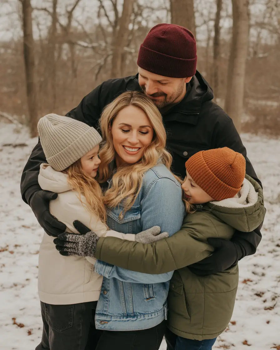 Winter 2025 2026 Family Photo Outfits Ideas Layered Denim and Knits for Family Hugs