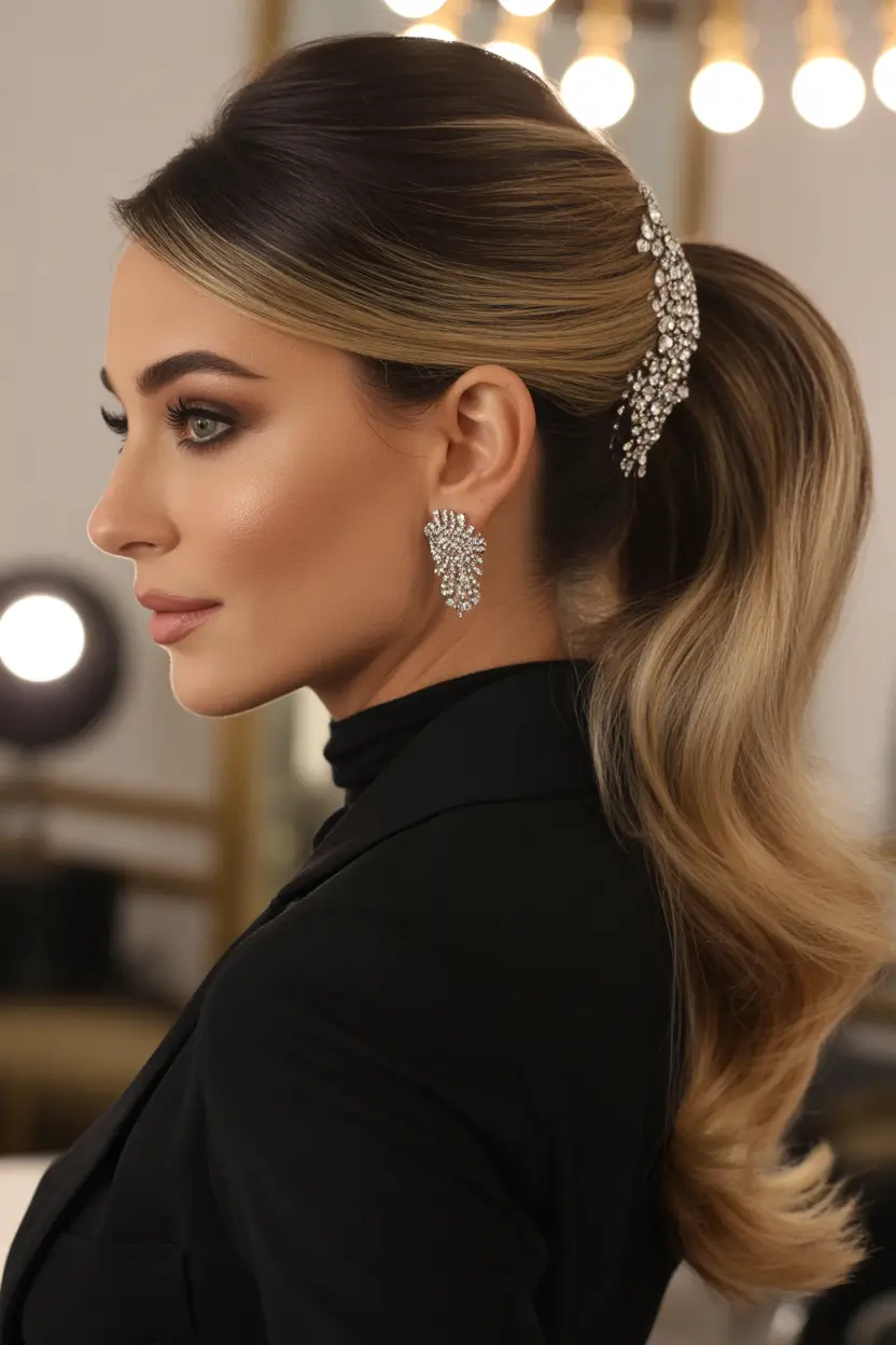 Winter 2025–2026 Formal Hairstyle Inspiration Polished Ponytail with Sparkling Detail