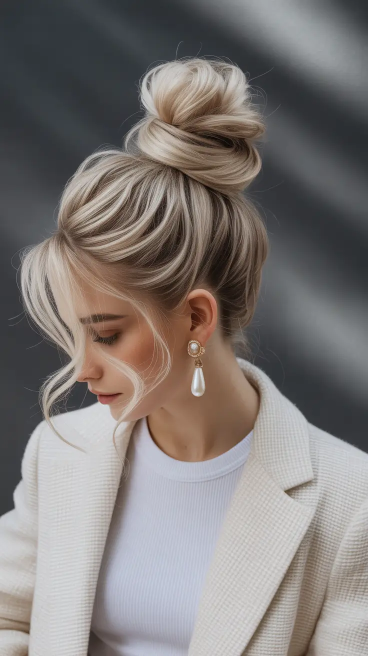 Winter 2025–2026 Formal Hairstyle Inspiration Textured Blonde Top Knot with Loose Strands