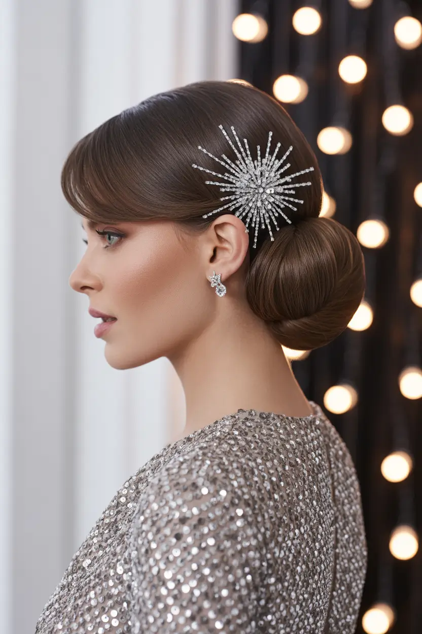 Winter 2025–2026 Formal Hairstyle Inspiration Sleek Low Bun with Sparkling Star Accessory
