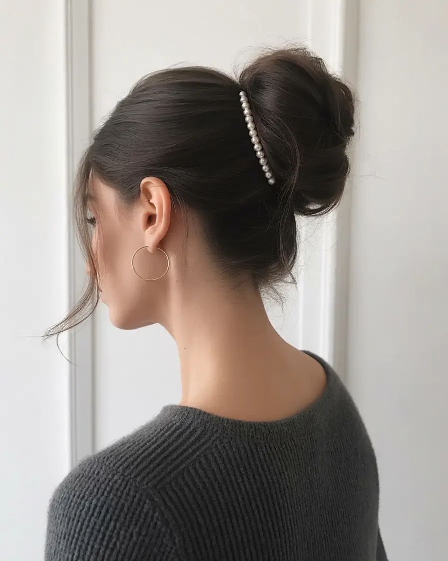 Winter 2025–2026 Formal Hairstyle Inspiration Minimalist Bun with Pearl Accent