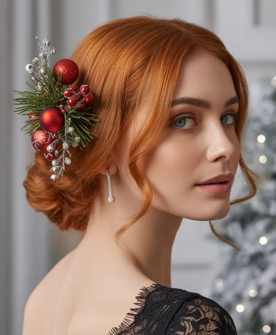 Winter 2025–2026 Formal Hairstyle Inspiration Festive Low Updo with Holiday Flair