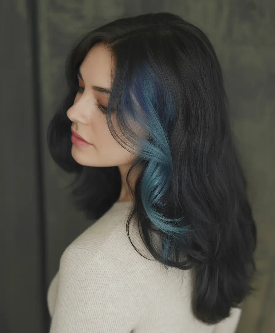Winter 2025–2026 Hair Colors Highlights Dark Hair with Bold Blue Streak