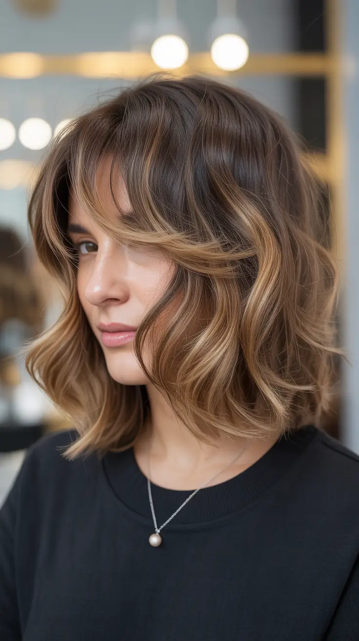 Winter 2025–2026 Hair Colors Highlights Textured Brunette Bob with Caramel Touches