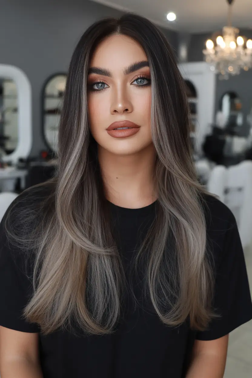 Winter 2025–2026 Hair Colors Highlights Smoky Brunette with Silver Balayage