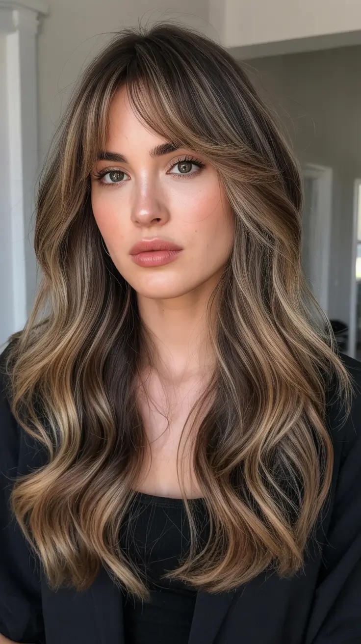 Winter 2025–2026 Hair Colors Highlights Honey-Toned Brunette with Curtain Bangs