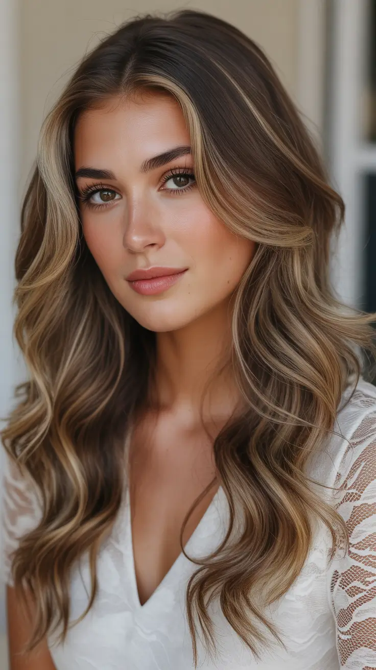 Winter 2025–2026 Hair Colors Highlights Soft Brunette with Golden Veil Highlights