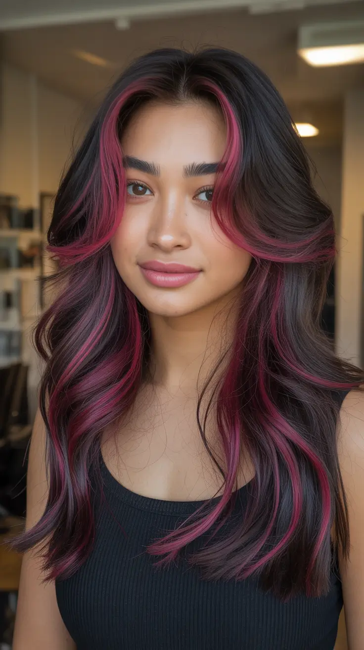Winter 2025–2026 Hair Colors Highlights Magenta Face-Framing Ribbons