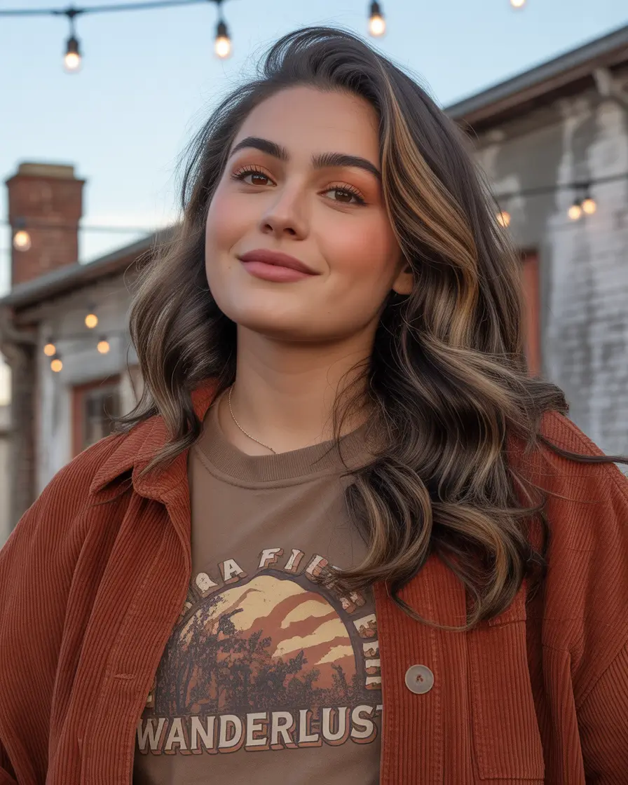 Winter 2025–2026 Haircuts for Round Face Shapes Warm Brunette Layers with Face-Framing Highlights