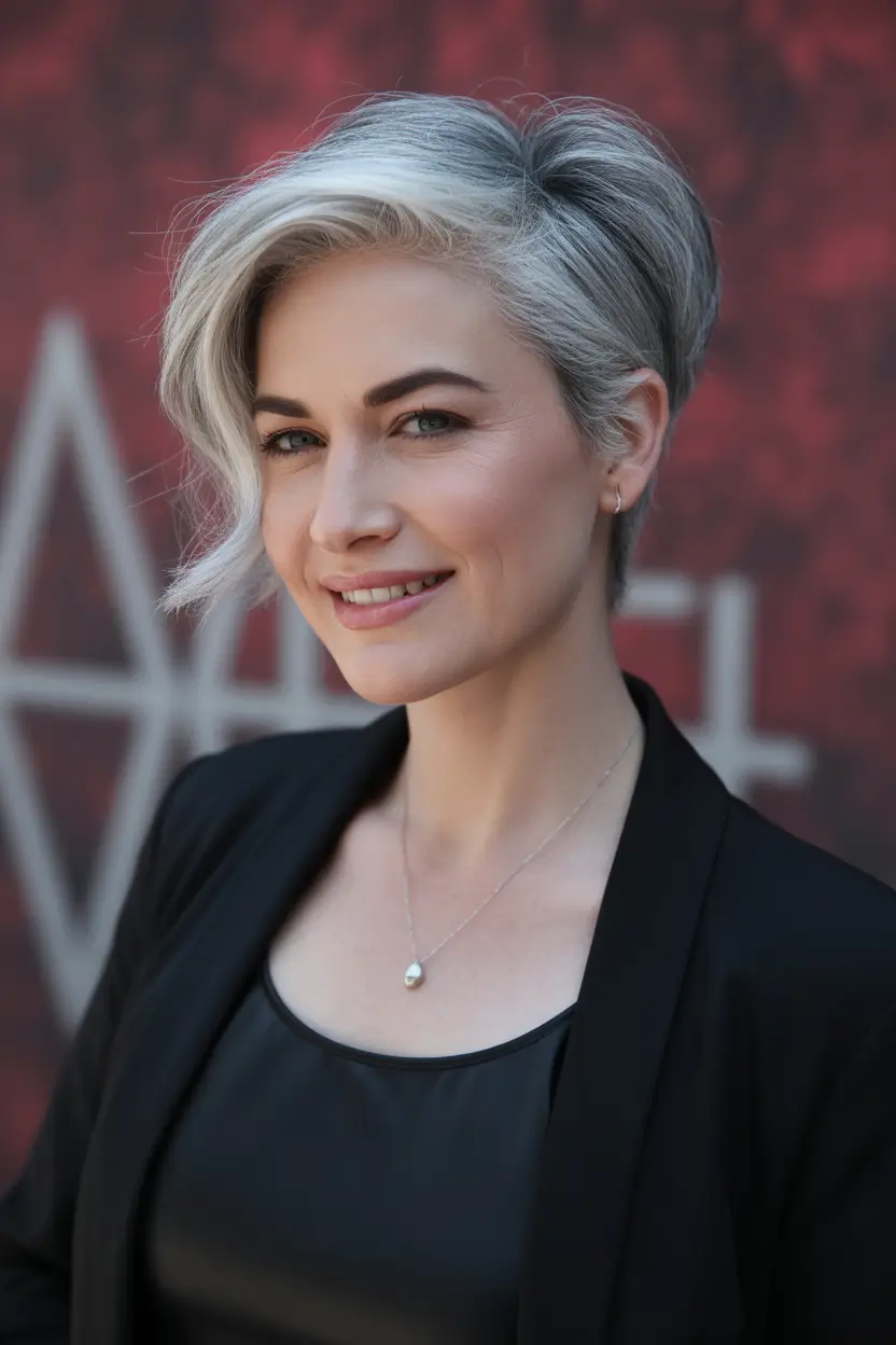 Winter 2025–2026 Haircuts for Round Face Shapes Silver Pixie with Side-Swept Bangs