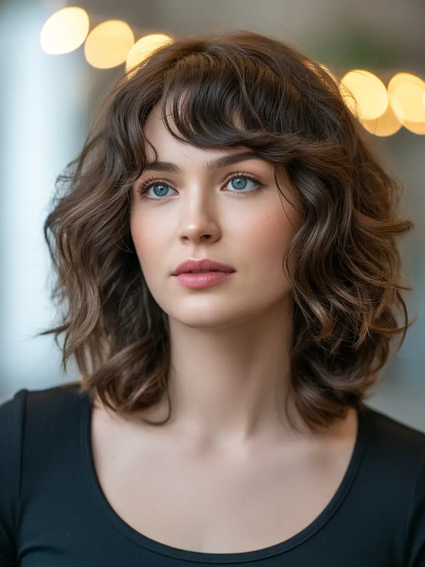 Winter 2025–2026 Haircuts for Round Face Shapes Textured Lob with Front Bangs