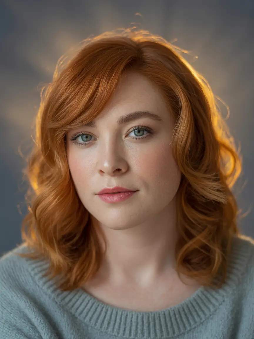 Winter 2025–2026 Haircuts for Round Face Shapes Copper Mid Length Waves with Side Bangs