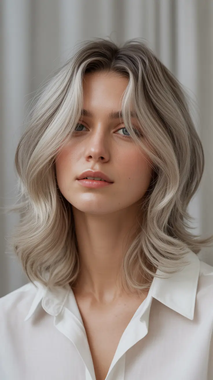 Winter 2025–2026 Haircuts for Round Face Shapes Platinum Mid Length with Curtain Layers