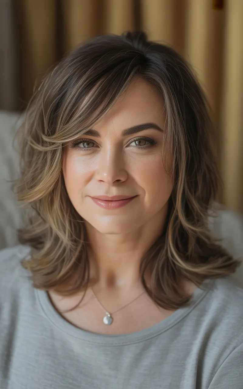 Winter 2025–2026 Haircuts for Round Face Shapes Layered Medium Cut with Side Bangs