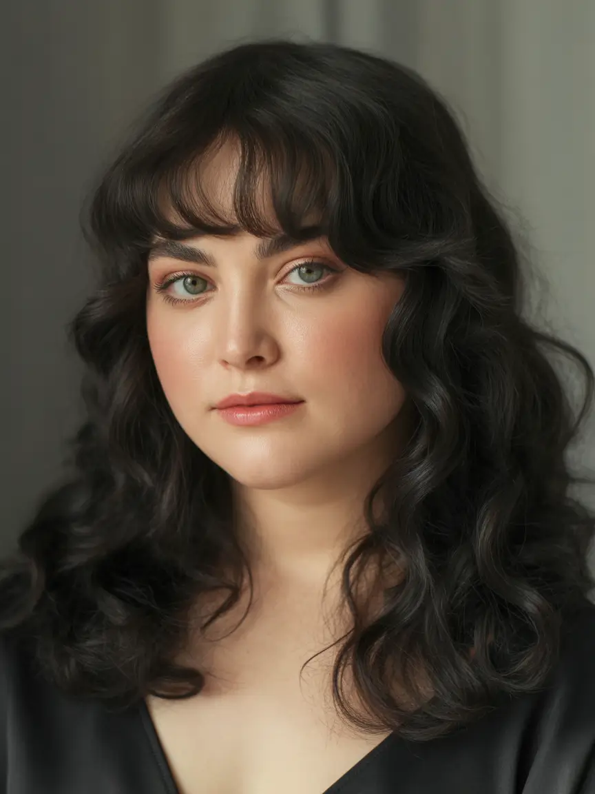 Winter 2025–2026 Haircuts for Round Face Shapes Dark Mid Length Waves with Curtain Bangs