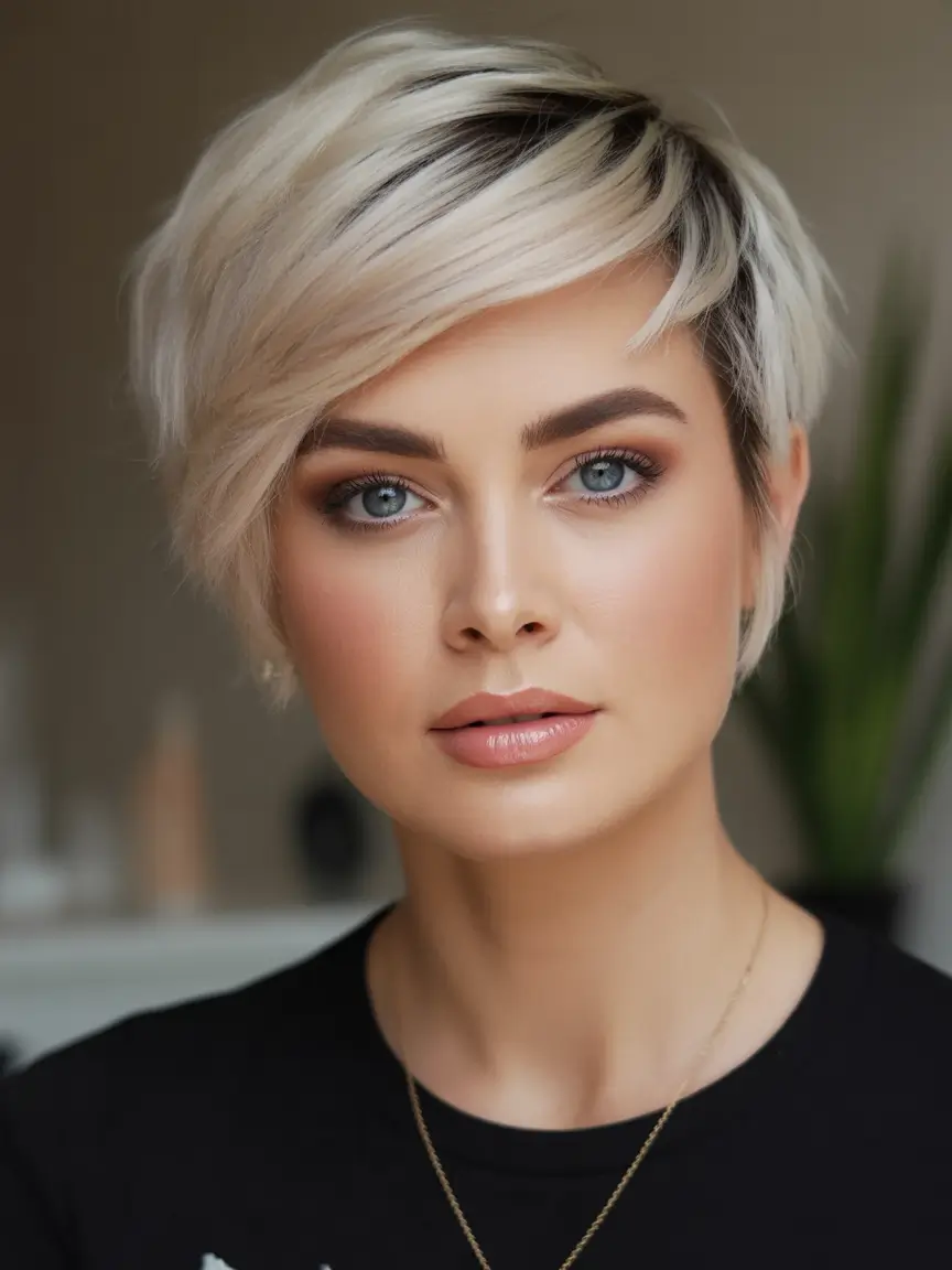 Winter 2025–2026 Haircuts for Round Face Shapes Short Textured Pixie with Platinum Blonde