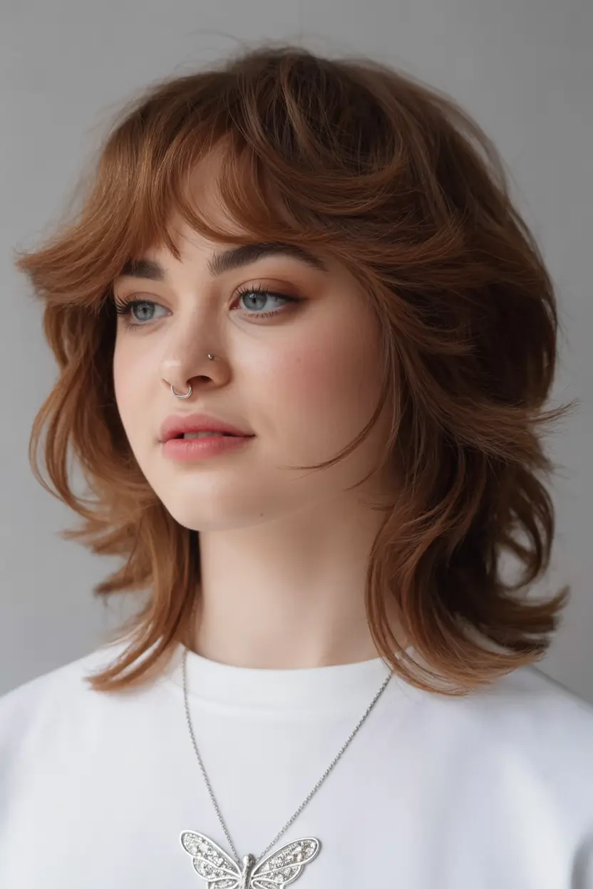 Winter 2025–2026 Haircuts for Round Face Shapes Rust-Toned Shag with Layered Volume