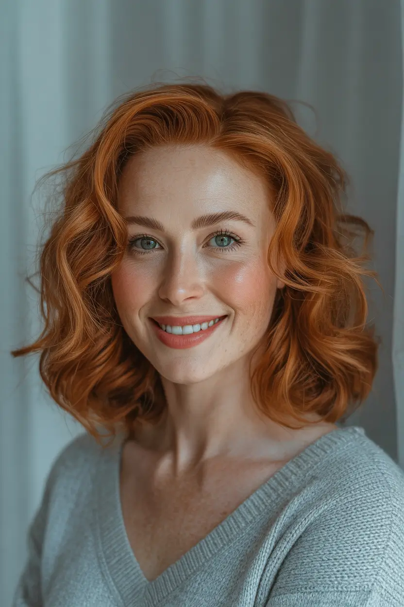 Winter 2025–2026 Haircuts for Round Face Shapes Red Mid Length Bob with Curly Texture