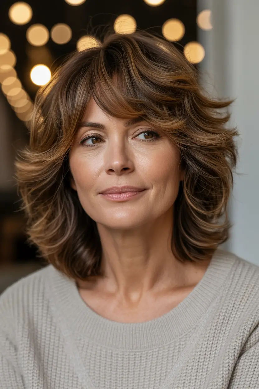 Winter 2025–2026 Haircuts for Round Face Shapes Feathered Medium Layers with Soft Bangs