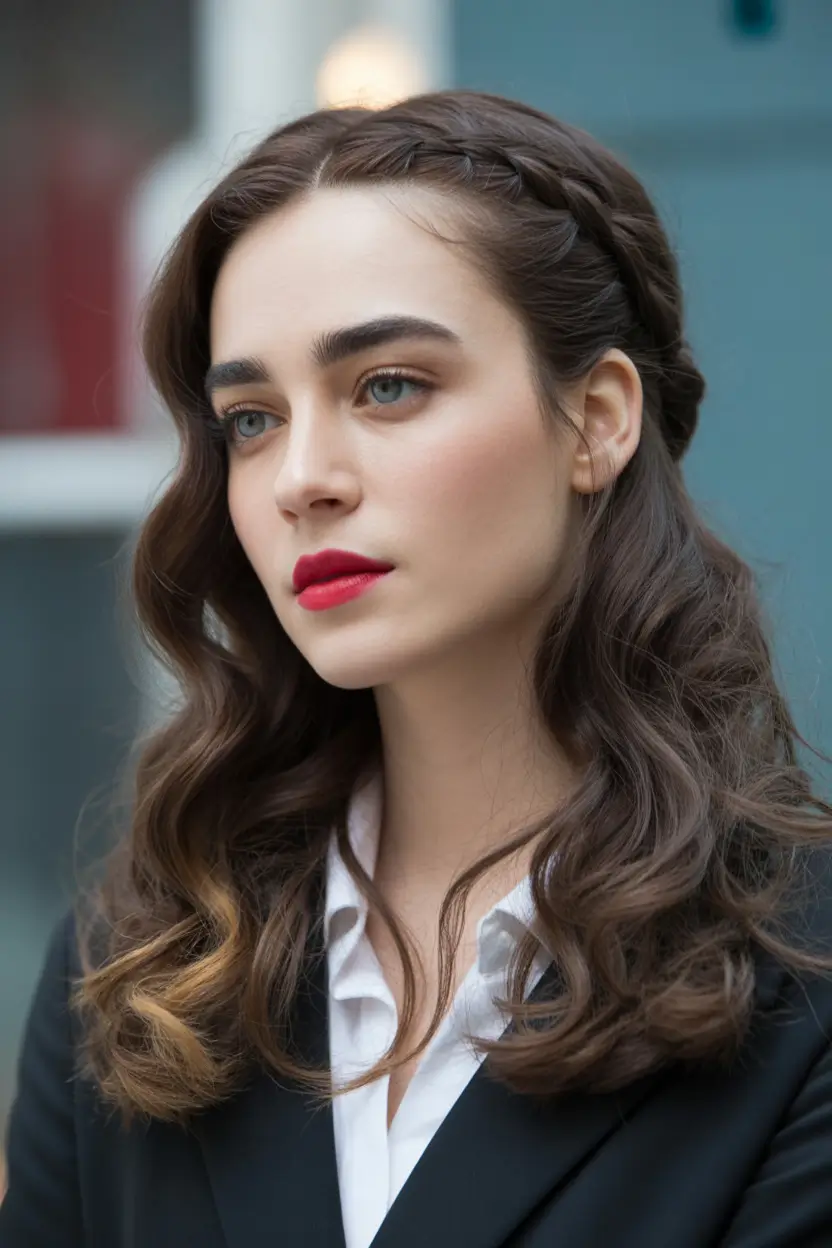 Winter 2025–2026 Hairstyles Ideas Half Up Braid with Waves