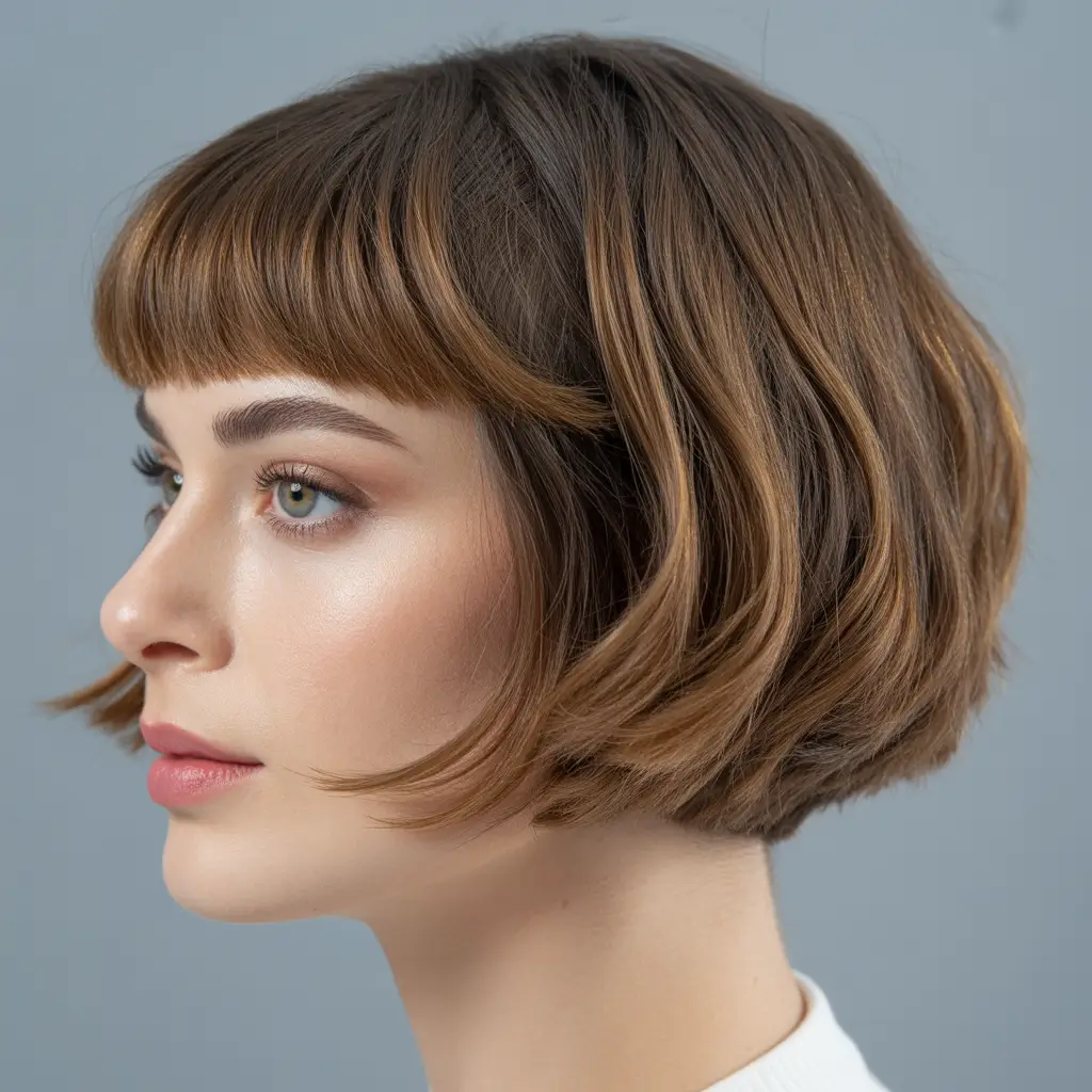 winter bob haircuts ideas 2025 2026 Chocolate Bob with Baby Bangs