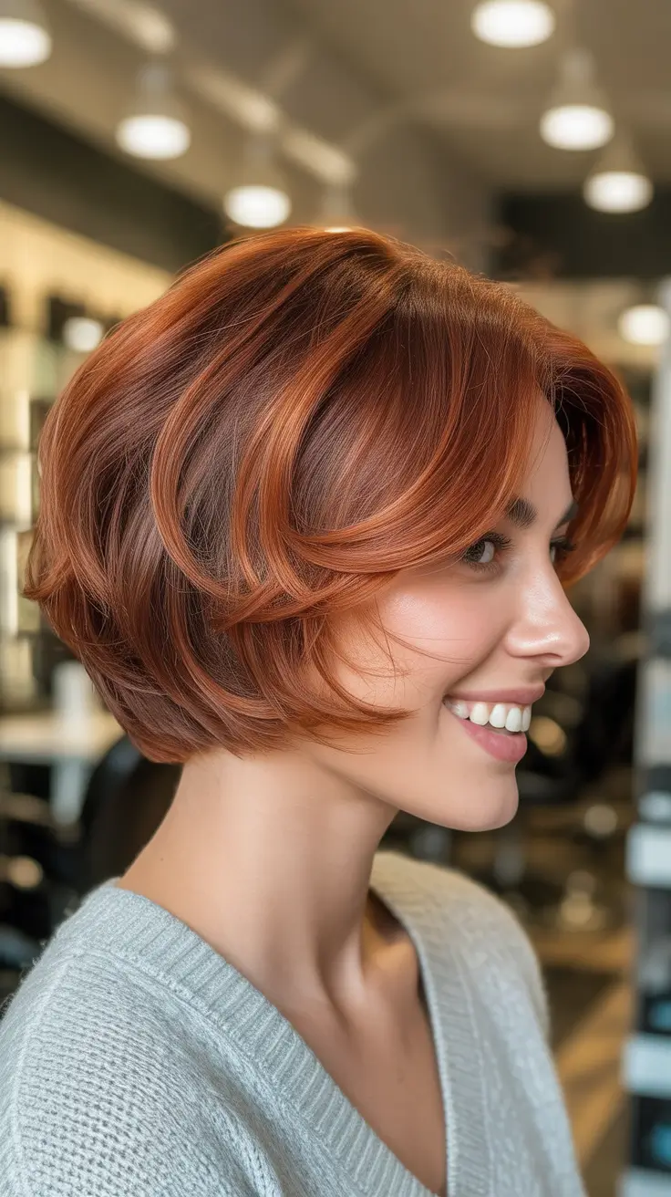 winter bob haircuts ideas 2025 2026 Glossy Copper Stacked Bob