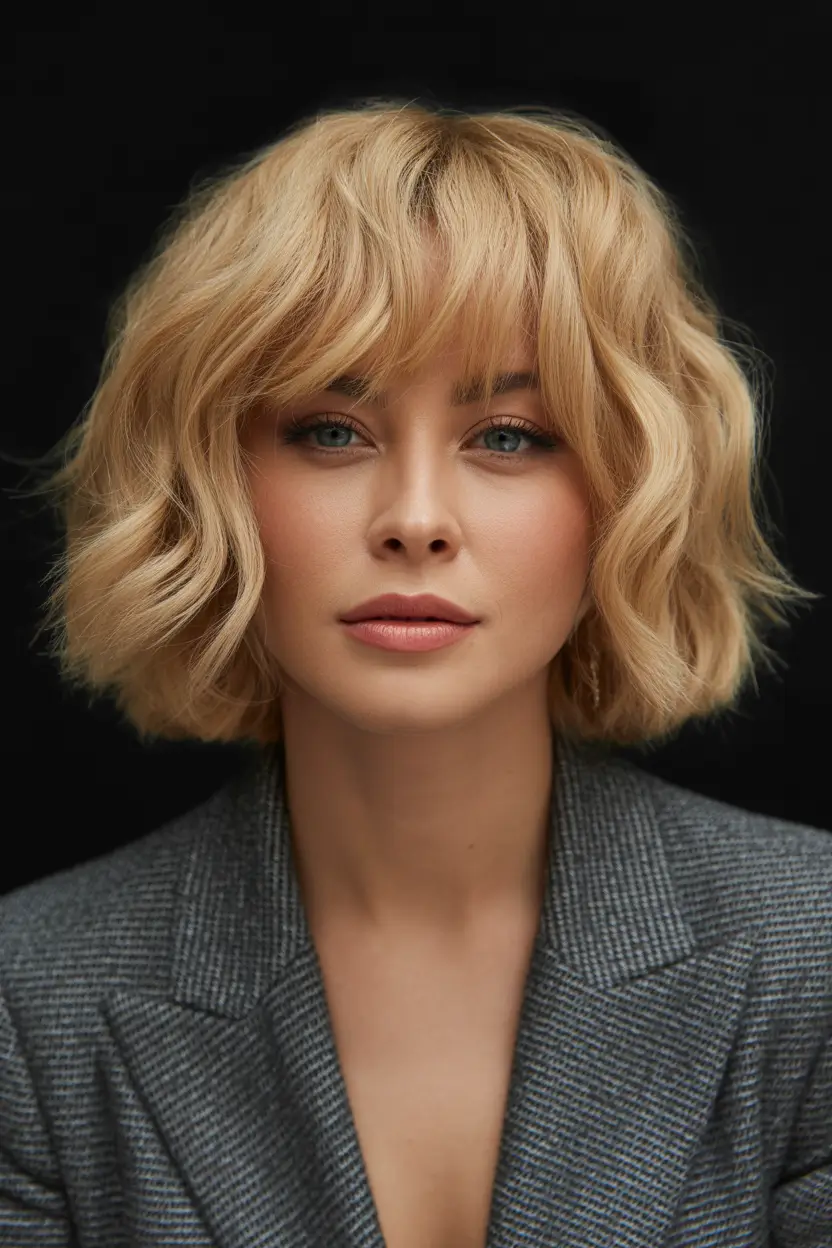winter bob haircuts ideas 2025 2026 Soft Wavy Bob with Bangs