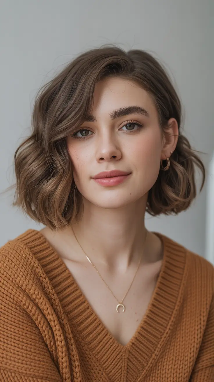 winter bob haircuts ideas 2025 2026 Soft Brown Wavy Bob