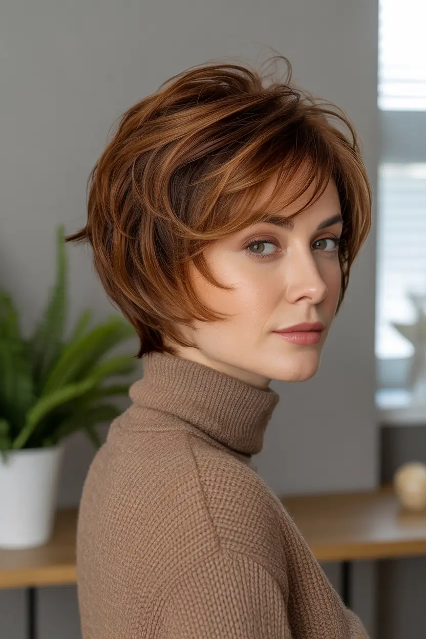winter bob haircuts ideas 2025 2026 Layered Auburn Pixie-Bob