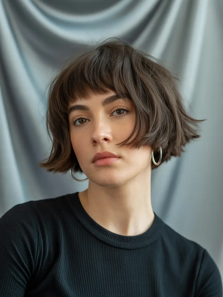 winter bob haircuts ideas 2025 2026 Choppy Bob with Micro Bangs