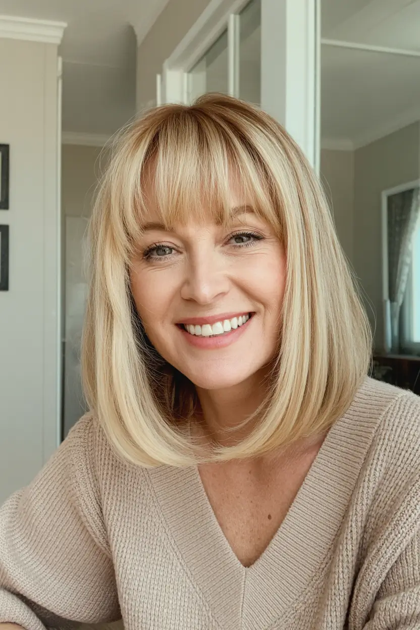 winter bob haircuts ideas 2025 2026 Polished Blonde Bob with Curtain Bangs