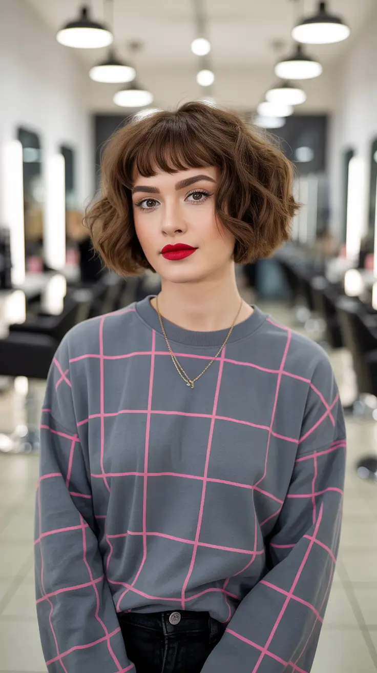 winter bob haircuts ideas 2025 2026 Curly Retro Bob with Micro Fringe