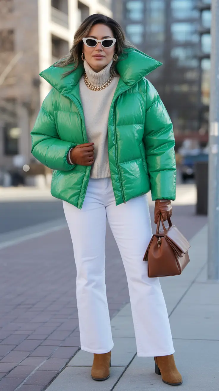 Winter Capsule Wardrobe for Women 2025-2026 Bold Green Puffer with White Denim