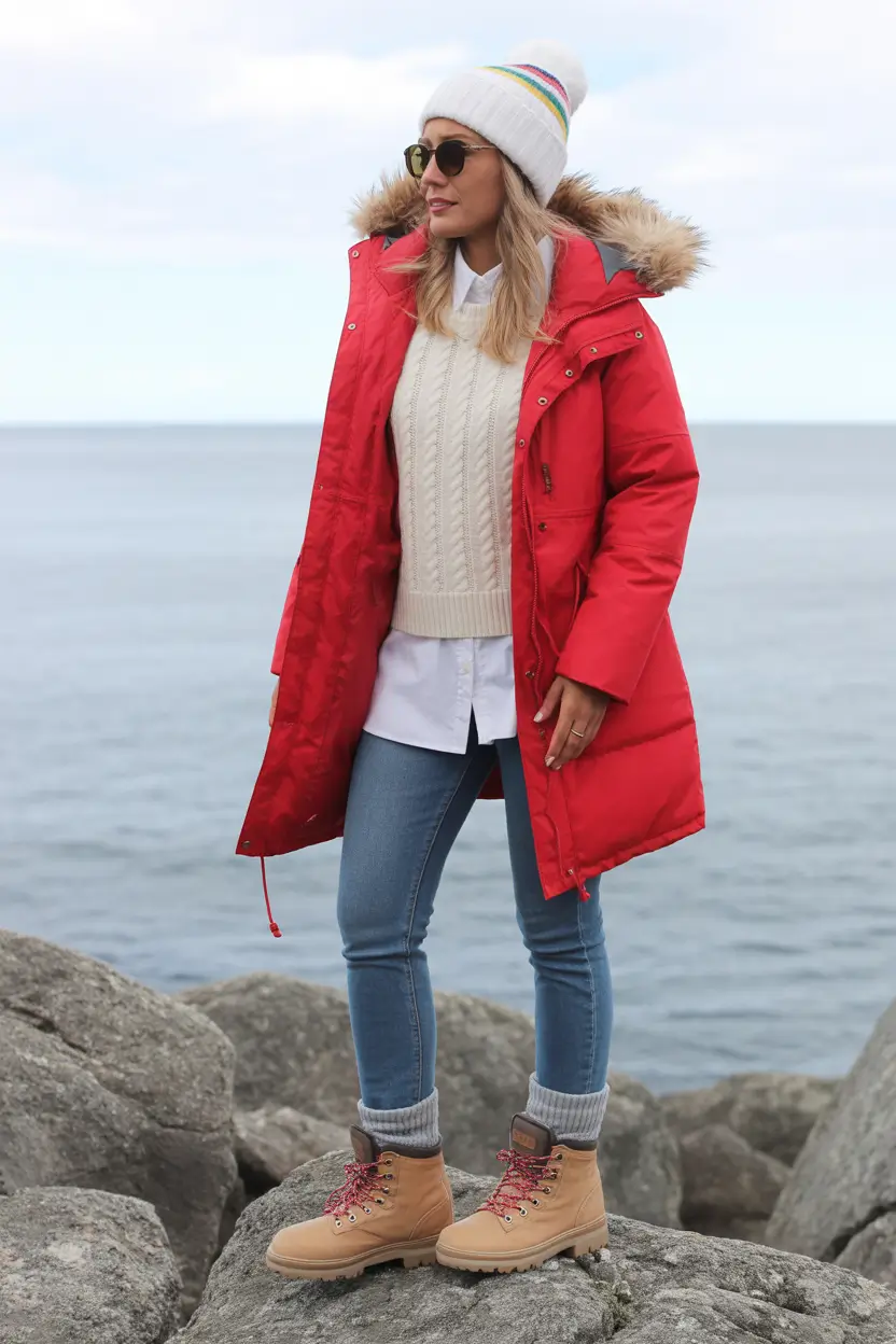 Winter Capsule Wardrobe for Women 2025-2026 Practical Red Parka with Denim
