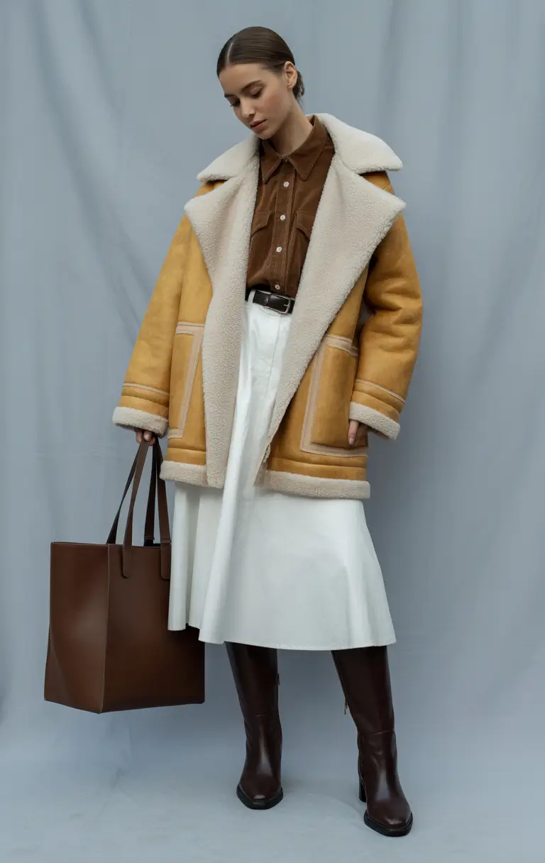 Winter Capsule Wardrobe for Women 2025-2026 Shearling Coat with Skirt and Boots