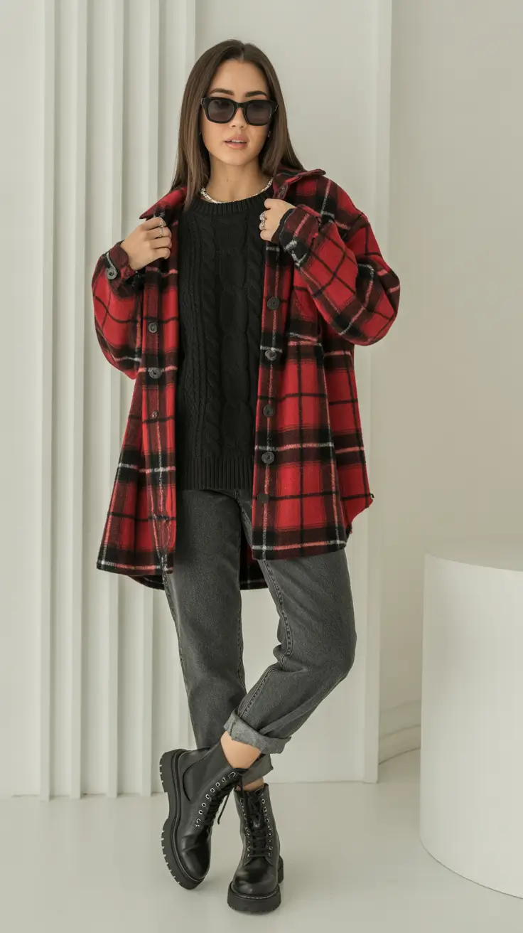 Winter Capsule Wardrobe for Women 2025-2026 Red Plaid Shacket with Black Denim