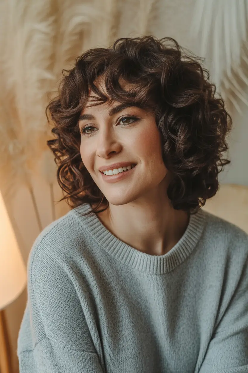 Winter Haircuts 2025–2026 Romantic Medium Curls with Bangs