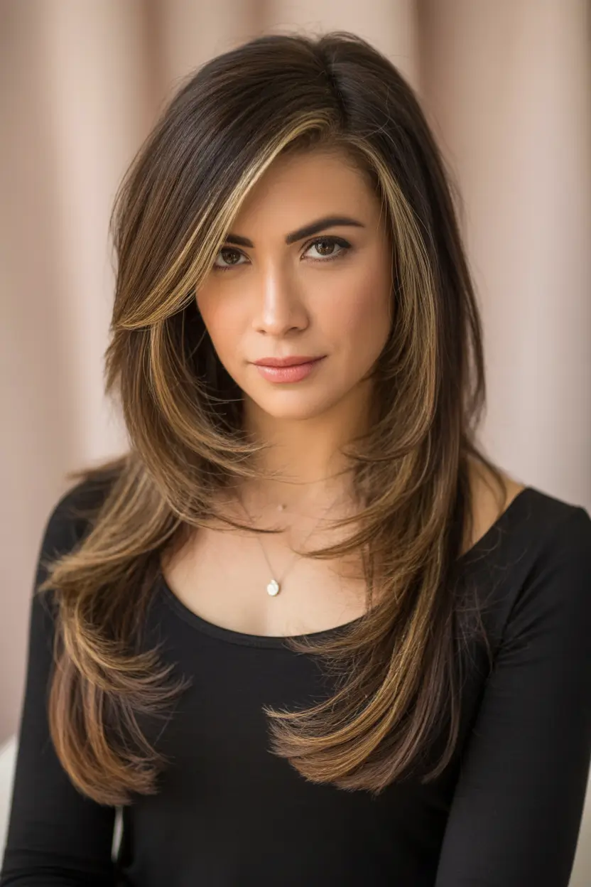 Winter Haircuts 2025–2026 Layered Long Cut with Blonde Streaks