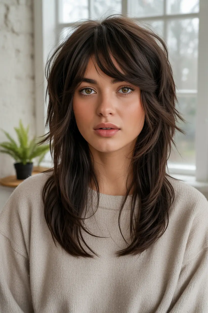 Winter Haircuts 2025–2026 Trends & Styles Feathered Layers with Curtain Bangs
